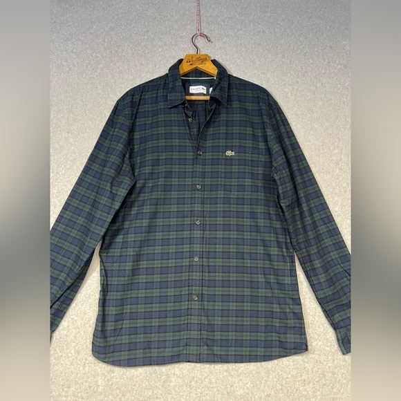 Lacoste Shirt Mens Medium Green Navy Blue Plaid Button Down Regular Fit - Picture 1 of 10